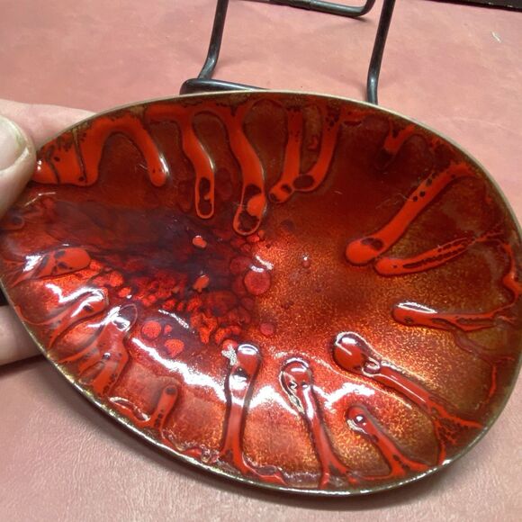 Vtg Enamel on Copper Abstract Trinket Dish Plate MCM Mid-Century Modern Red Drip - Picture 3 of 5
